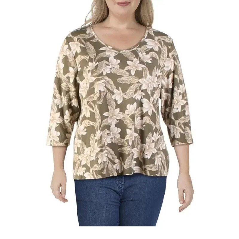 Karen Scott Women's Floral-Print V-Neck Top Green Size Medium