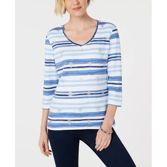 Karen Scott Women's Striped V-Neck Top Dark Blue Size Extra Large - X-Large