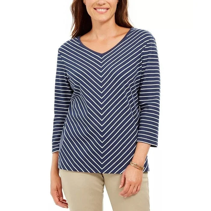 Karen Scott Women's Striped V-Neck Top Navy Size Medium