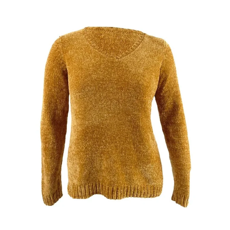 Karen Scott Women's V-Neck Chenille Sweater Gold Size Large