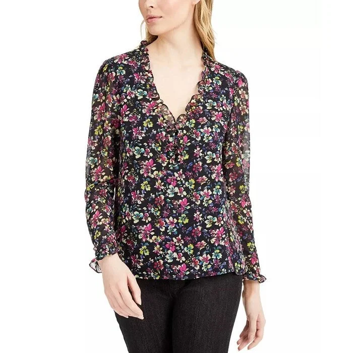 Nanette Lepore Women's Floral-Print V-Neck Top Black Size Large