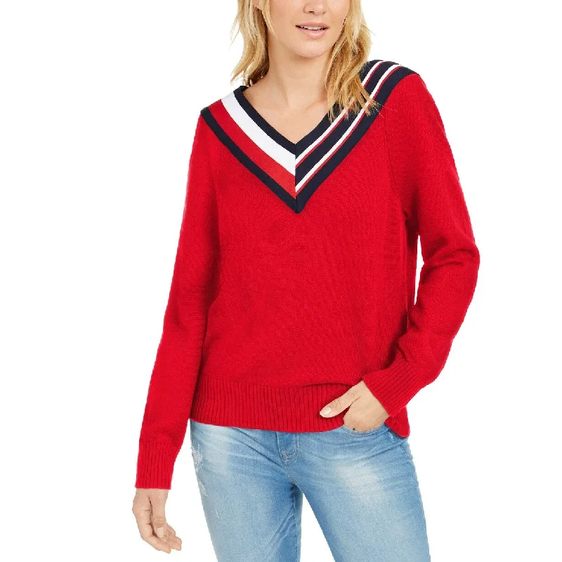 Tommy Hilfiger Women's Striped V-Neck Sweater Red Size X-Small