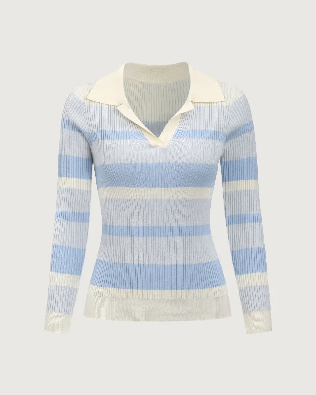 Blue Striped V-Neck Slim Sweater