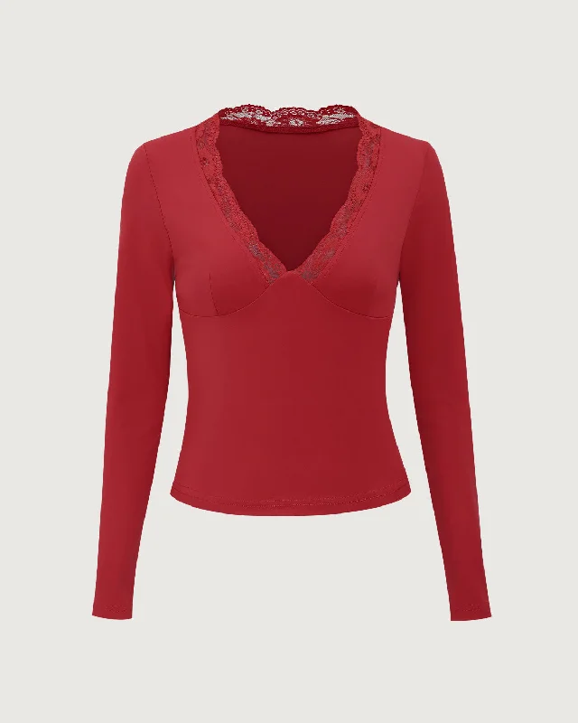 Red V-Neck Lace Slim Tee