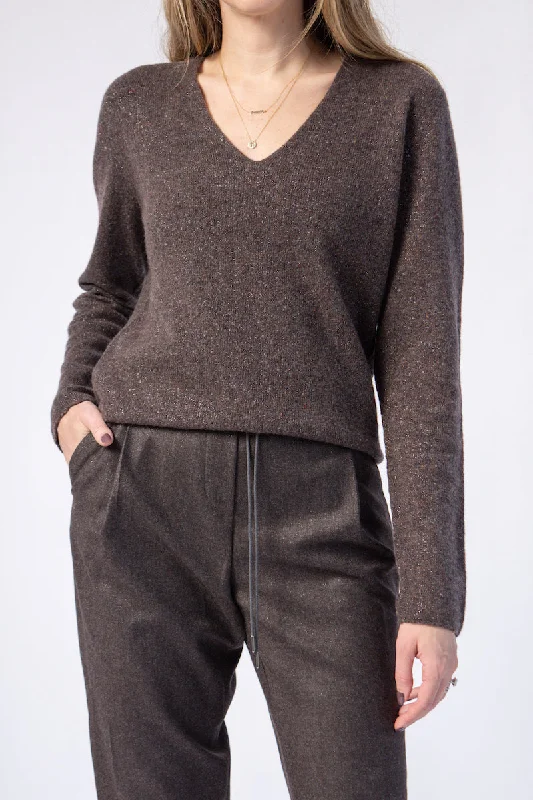 V-Neck Sweater in Marled Brown