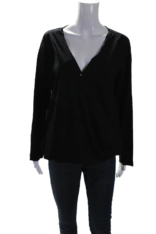 Aday Womens Stretch V-Neck Long Sleeve That's A Wrap Blouse Top Black