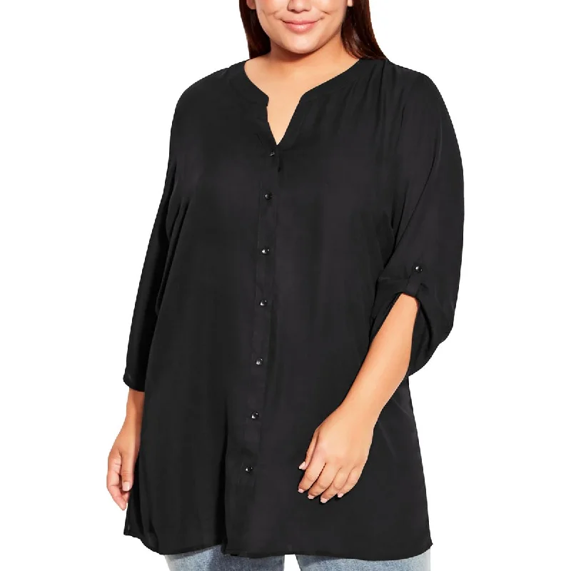 Avenue Womens Plus Solid V-Neck Button-Down Top