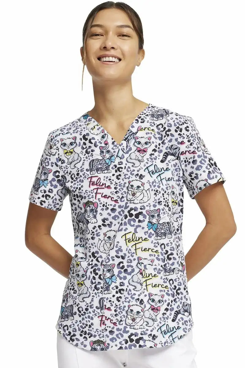 Cherokee Women's V-Neck Print Scrub Top | Feline Fierce