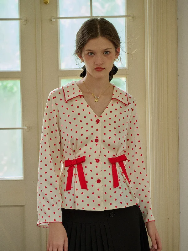 【Black Friday】Emiliana V-Neck Polka Dots Bow Contrasting Blouse