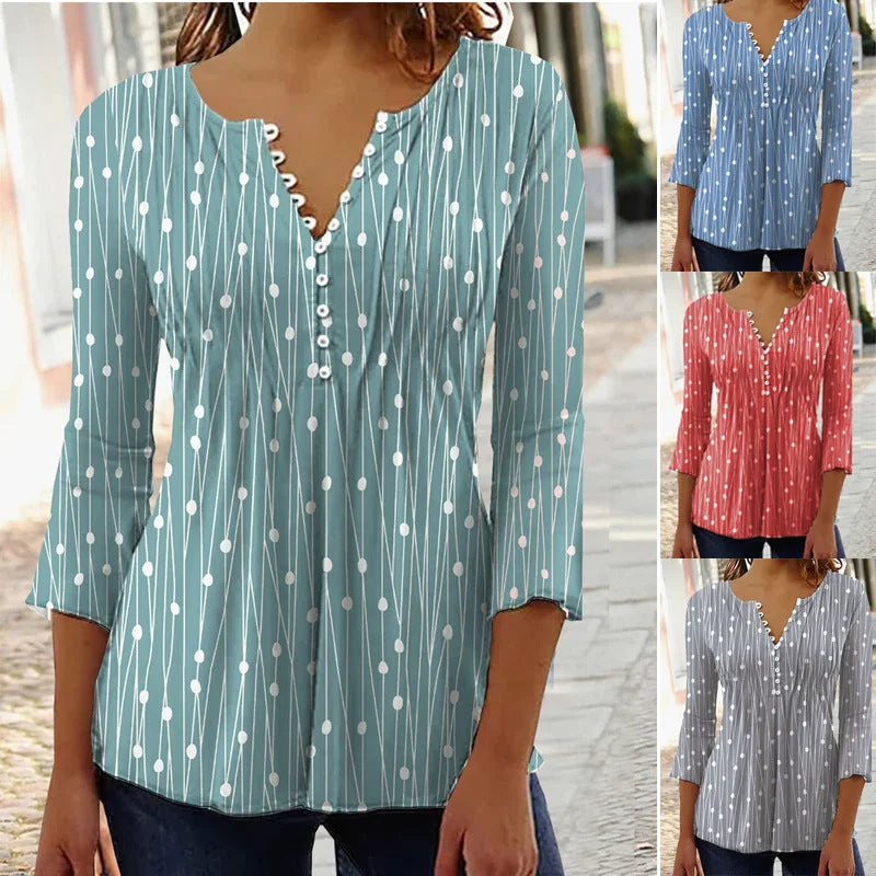 Ladies' V-Neck Fashion Printed Long-Sleeve Blouse