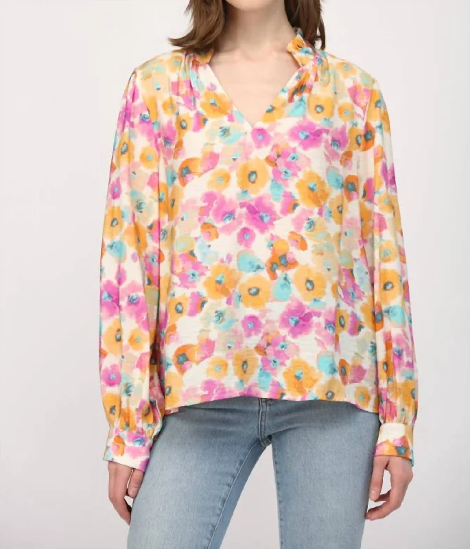 Long Sleeve Ruffled V-Neck Top In Pink/yellow