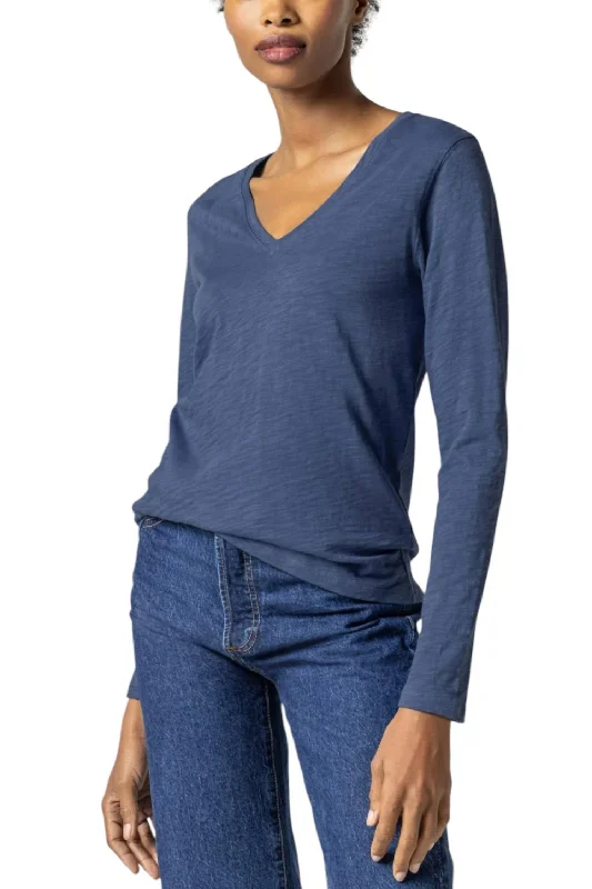 Long Sleeve V-Neck Top In Navy