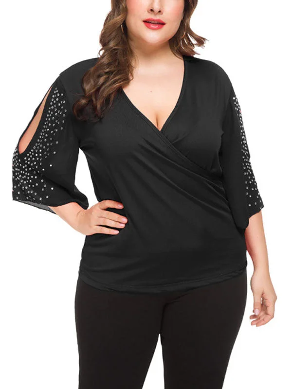 Plus-size V-neck Mid-sleeve Plain Color Off-the-shoulder Shirt