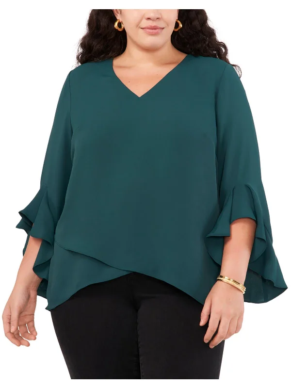 Plus Womens Flutter-Sleeve V-Neck Blouse