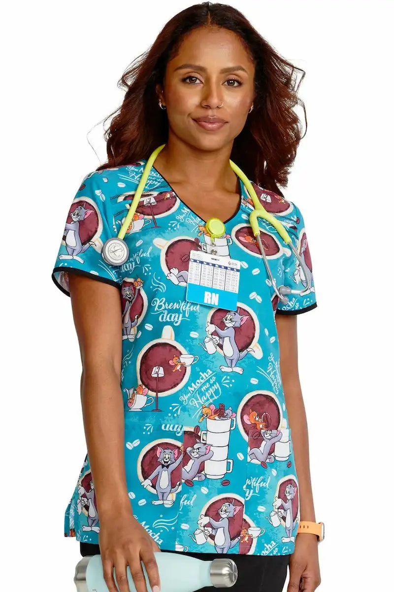 Tooniforms Women's V-Neck Print Scrub Top | Mocha Me Happy