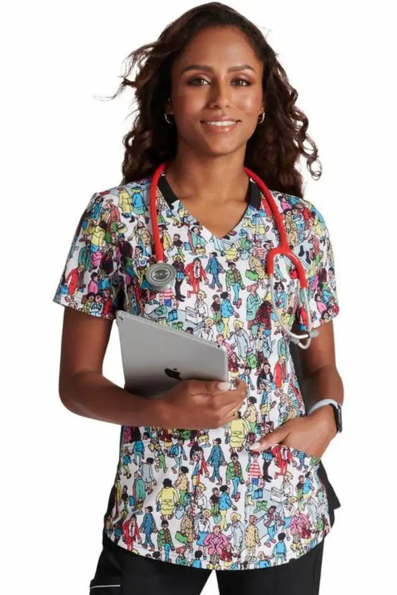 Tooniforms Women's V-Neck Print Scrub Top | Where's Waldo