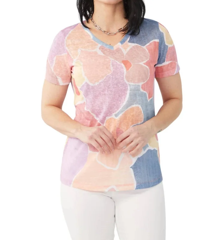 V-Neck Short Sleeve Top In Collage Floral