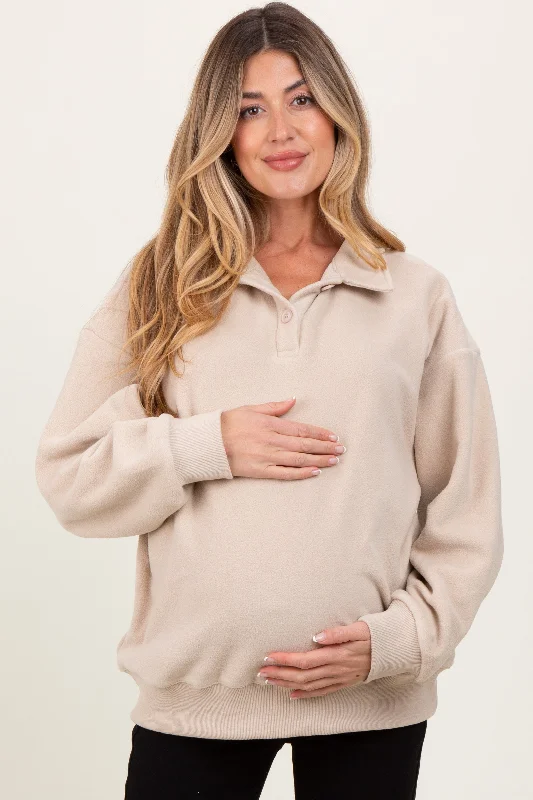 Beige Fleece Collared Button Up Maternity Pullover