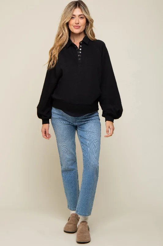 Black Collared Button Maternity Pullover