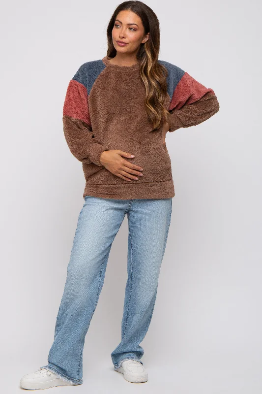 Brown Colorblock Soft Fleece Pullover Maternity Sweater