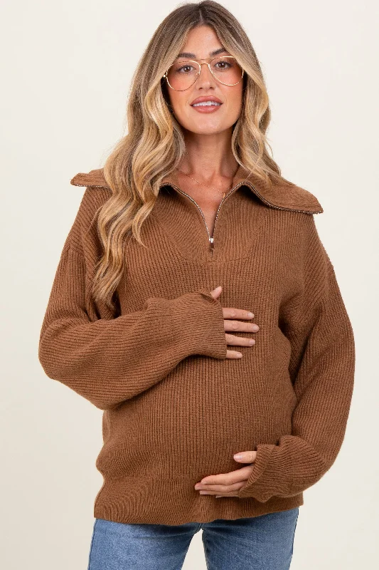 Camel Half Zip Chunky Knit Maternity Pullover Sweater