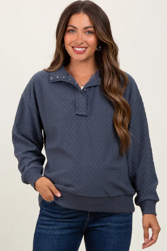 Charcoal Quilted Knit Snap Collar Maternity Pullover Top