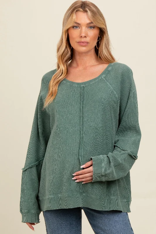 Forest Green Mixed Knit Raw Hem Maternity Pullover Top