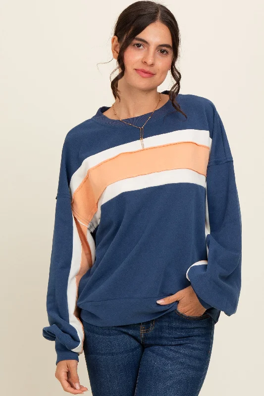 Navy Blue Colorblock Pullover Top