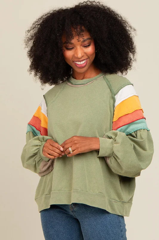 Olive Colorblock Bubble Sleeve Pullover