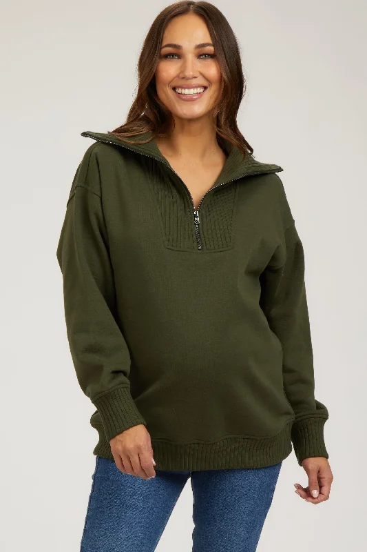 Olive High-Neck Maternity Fleece Pullover