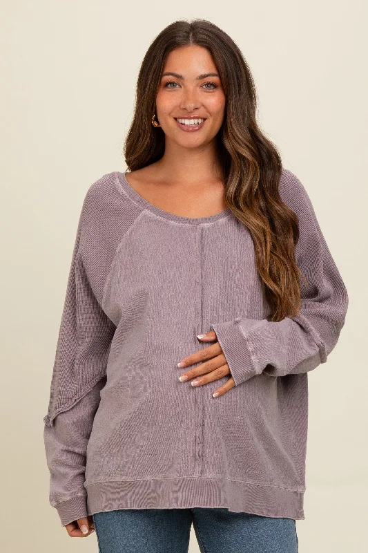 Taupe Mixed Knit Raw Hem Maternity Pullover Top