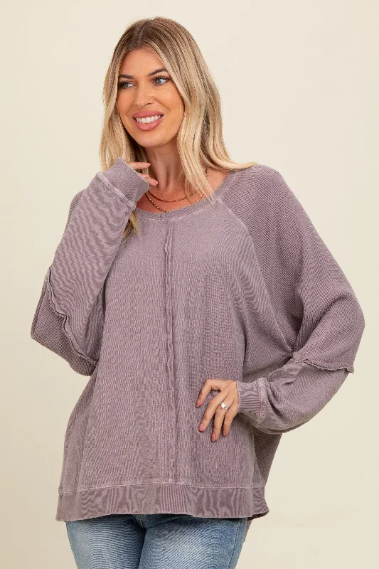 Taupe Mixed Knit Raw Hem Pullover Top