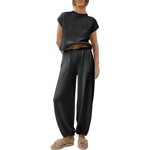 2-Piece Set: Women's Knit Pullover Tops and High Waisted Pants Tracksuit Lounge Sets