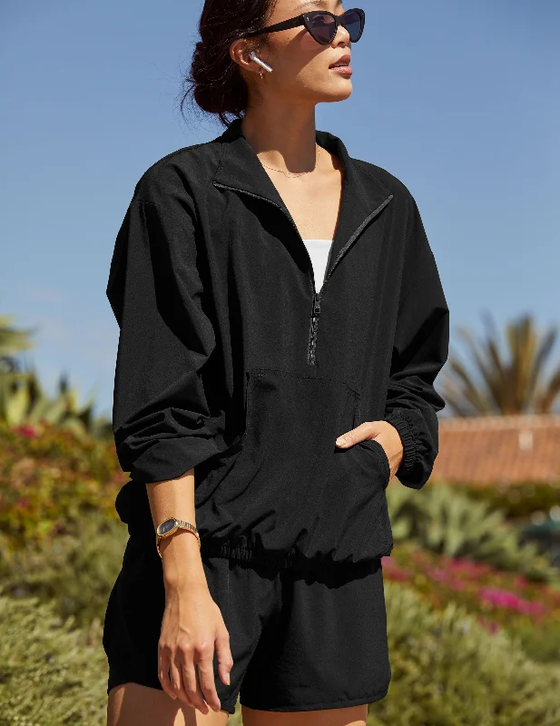 Beyond Yoga Womans True Black Stretch Woven In Stride Half Zip Pullover