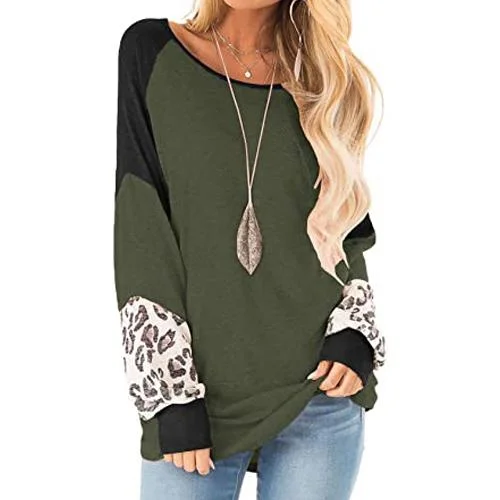 Womens Color Block Pullover Leopard Print Sweatshirt